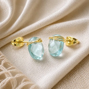Aquamarine Gemstone <b>Stud</b> Earrings | Wire Wrapped Oval Blue Stone 8–10mm | March Birthstone Gift - Product Image 1