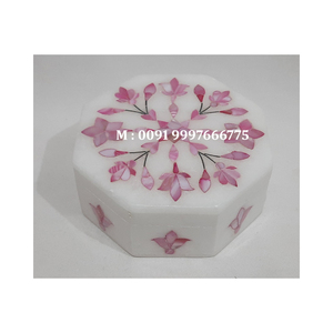 Hexagonal Shape Natural White Marble Mix Mother Of Pearl Inlaid Jewellery <b>Box</b> Handmade Flower Design Used Home And Office Decor - Product Image 2
