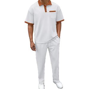 2025 été nouveaux hommes couleur unie col gaufré décontracté poche polo à manches courtes pantalon costume - Product Image 3