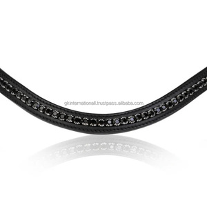 Wave Shape Black <b>Shining</b> crystals diamante chain inlaid Empty Channel Padded Leather Horse brow band in full cob sizes - Product Image 1