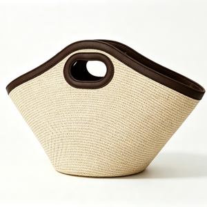 Customized natural <b>straw</b> cut‑out handle tote <b>bag</b>, dark brown faux leather trim, trapezoid wide silhouette, woven summer <b>beach</b> - Product Image 6