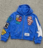 Sweat à capuche zippé en polaire bleu avec broderie patchwork, streetwear homme, vêtements d'automne