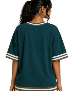 Camiseta Oversize Personalizada para Mujer, Color Verde Azulado Oscuro, con Bordado Floral, Cuello Redondo con Rayas en Contraste, Estilo Casual Holgado, de Algodón, para Verano - Product Image 2