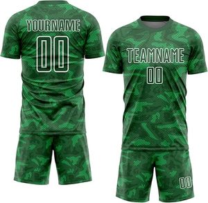 Conjunto de Camiseta y Pantalones Cortos de Fútbol Personalizados para Hombre, Diseño Geométrico Verde, Cuello Redondo Sublimado, Uniforme Deportivo Transpirable - Product Image 3