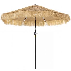 Ombrellone da Patio Tiki in Paglia Khaki da 2,7 m con Luce Solare a LED, Manovella e Inclinazione, Protezione UPF30+ per Esterni, Cortili e Ristoranti - Product Image 1