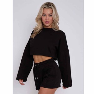 Cropped Hoodie & Jogger Shorts 2-Piece <b>Set</b> <b>Women</b> Eco-Friendly 100% Cotton Customizable Biker Streetwear Tracksuit - Product Image 5