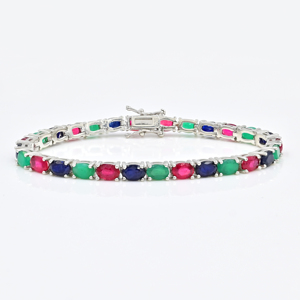 Bracelet Tennis en Argent Sterling 925 avec Pierres Précieuses Rubis, Émeraudes et Saphirs Bleus, Coupe Ovale, Bijou Fin Minimaliste Unisexe pour Usage Quotidien - Product Image 1