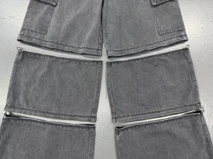Pantalon cargo en jean délavé taille haute pour homme, coupe ample, jambe large, avec poches zippées, style utilitaire, en coton pour l'automne - Product Image 4
