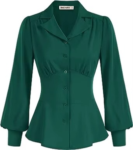 Chemisiers boutonnés pour femmes, hauts à volants, chemisiers de travail à manches longues, chemisiers à col, hauts habillés - Product Image 5