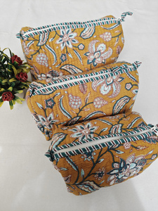 Yellow Floral Block Printed Durable Cotton Zipper Eco-Friendly Large Capacity <b>Makeup</b> <b>Case</b> Indian Pouches Travel Cosmetic - Product Image 3