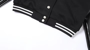 <b>Black</b> Cropped Varsity <b>Jacket</b> <b>Women</b> Full Sleeve Turn-down Collar PU Leather Contrast Trim Autumn Streetwear - Product Image 3