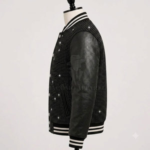 Chaqueta de cuero de invierno para hombre con pedrería, estilo motociclista, cierre completo, cuello alto, forro suave, ropa exterior informal, MOQ bajo - Product Image 3