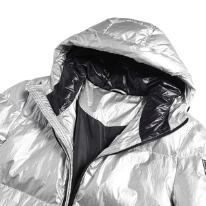 Silver Hooded Puffer Jacket Windproof Waterproof <b>Reversible</b> Casual Winter <b>Coat</b> Patch Design Regular Fit Cotton Filling Men - Product Image 3