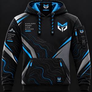 Sweat à capuche pour homme, imprimé topographique noir et bleu, coupe classique, polyester, vêtements de sport décontractés pour l'extérieur, avec poches zippées et logo. - Product Image 1