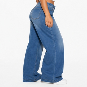 Jean en denim respirant brodé pour femme, coupe ample taille haute, jambe large, longueur intégrale, bleu vintage, en coton, idéal pour le printemps - Product Image 3