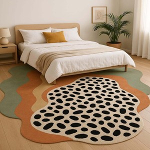 Tapis en laine à formes organiques abstraites, tapis moderne irrégulier, tapis fait main aux tons terreux, tapis noir à pois, tapis design pour chambre et salon - Product Image 1