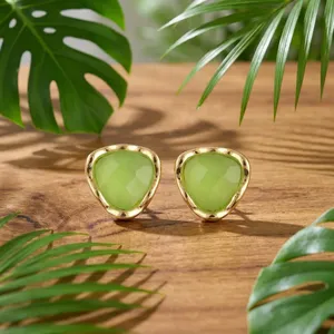 Trendy Prehnite Chalcedony Gemstone Stud Brass 18k Gold Plated Stud Earring Anti Tarnish Fancy Earring Wholesale Fashion Jewelry - Product Image 4