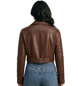 <b>Women's</b> Brown Leather Fashion Jacket <b>Belted</b> Biker <b>Coat</b> Zipper Closure Long Sleeve Regular Fit Streetwear - Product Image 2