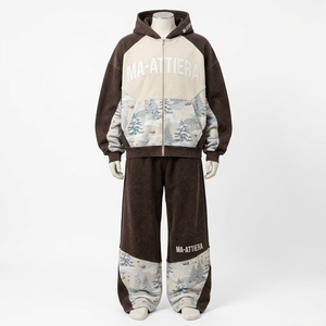 Conjunto de Sudadera con Capucha y Pantalones de Chándal para Hombre, Color Marrón Crema, Camuflaje, Cierre de Cremallera, Corte Holgado, Estilo Urbano, Personalizado, OEM, ODM, Venta al Por Mayor - Product Image 3