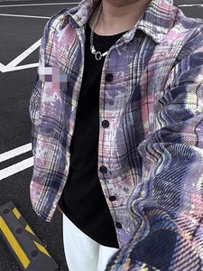 Chemise décontractée vintage oversize à carreaux tie-dye pour homme, respirante en polyester, printemps-automne, boutonnée, style designer - Product Image 3