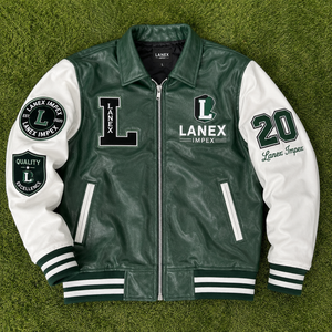 Custom Green <b>White</b> Leather Varsity <b>Jacket</b> for <b>Men</b> Premium Letterman Bomber <b>Jacket</b> with Chenille Embroidered Patches OEM ODM - Product Image 6