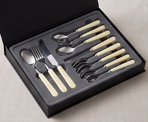 Vintage Stainless Steel Cutlery Set With Cream <b>Plastic</b> Handles <b>Mirror</b> Polish Dishwasher Safe Fork Knife Spoons - Product Image 6
