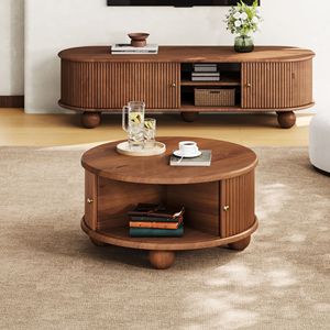 Tavolino da Caffè Scanalato in Stile Contemporaneo con Vano Contenitore, in Legno Massello di Pino e Noce, con Anta Scorrevole, 80,8 cm, Modello Basso per Soggiorno - Product Image 2