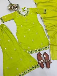 Traje Salwar de Algodón Verde Bordado para Mujer con Dupatta, Ropa Casual Tradicional India y Pakistaní, Corte Holgado hasta el Tobillo - Product Image 4