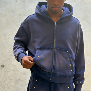 Sudadera con capucha premium OEM personalizada de felpa francesa gruesa con lavado ácido, pedrería, efecto desgastado por el sol y agujeros, con cremallera, para hombre, estilo urbano. - Product Image 1