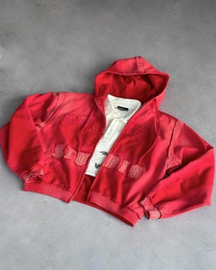 Sudadera con capucha con cremallera, estilo streetwear, de forro polar, corta y de corte holgado, con efecto lavado, bordes y costuras sin rematar, aplique de letras desgastado, más vendida - Product Image 1