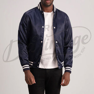 เสื้อแจ็คเก็ตบอมเบอร์ผ้าซาตินสีน้ำเงินกรมท่าสำหรับผู้ชาย พร้อมแถบยางยืดที่ข้อมือและกระดุมแป๊ก ปิดด้วยกระดุมแบบสแนป ผลิตภัณฑ์คุณภาพพรีเมียม น้ำหนักเบา เหมาะสำหรับใส่เป็นเสื้อนอก - Product Image 1