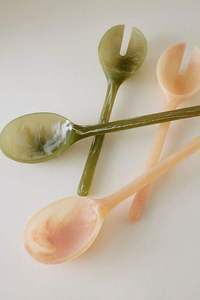 Beige Marbled Resin Salad Spoon and Fork Set Handmade <b>Acrylic</b> Utensils Elegant Cutlery Modern Tableware Dining Serving Wedding - Product Image 6