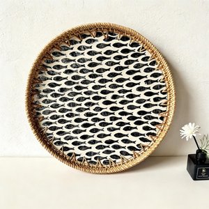 Natural Woven Rattan Mother of Pearl Round Tray Handmade Decorative <b>Basket</b> for Dining Table Wall Display - Product Image 3