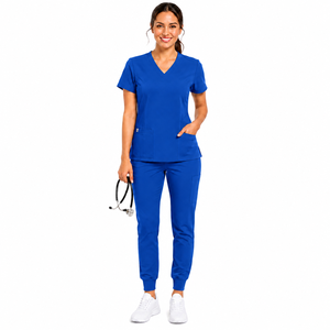 Conjunto de Uniforme Médico Personalizado para Mujer, Blusa de Manga Corta con Cuello en V, Pantalones Jogger con Puños, Traje de Enfermera de Color Sólido - Product Image 1