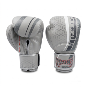 Twins Boxing Gloves Gray Leather Hex Pattern Hook & Loop Closure Adjustable Wrist Strap for Adults Martial Arts Training - Product Image 1