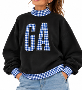 Custom Logo Women’s Oversized <b>Mock</b> Neck Sweatshirt Lightweight Cotton Gingham Drop Shoulder Private Label Pullover - Product Image 1