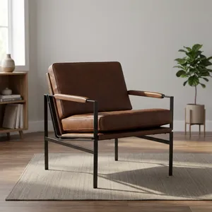 Sillón Vintage de Cuero Marrón con Asiento Acolchado, Reposabrazos Acolchados, Estructura de Metal Negro, Silla de Salón Moderna de Estilo Industrial - Product Image 5