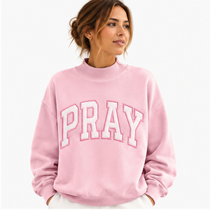 Sweat-shirt rose oversize à col ras du cou avec imprimé lettres 'Pray', sweat-shirt à col montant pour femme, imprimé graphique oversize, col haut - Product Image 1