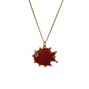 Carnelian Fish Pendant <b>Necklace</b> With Crystal Eye Accent Gold Plated Carving Gemstone <b>Statement</b> Charm Gift For Her - Product Image 1