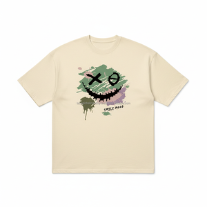 T-shirt graphique SMILE MOOD style grunge, broderie artistique, beige, coupe oversize, streetwear, 100% coton satiné, séchage rapide, respirant, personnalisable - Product Image 1