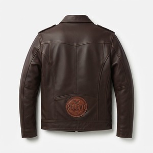 Chaqueta de Motociclista de Cuero Genuino para Hombre Relevo, Color Marrón Oscuro, Cuello Camisero, Cierre de Cremallera Frontal, Logotipo, Color Sólido, Estilo Otoñal - Product Image 3
