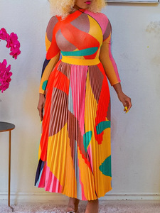 Robe longue décontractée africaine confortable grande taille pour l'automne, ensemble plissé imprimé à manches longues et blocs de couleur - Product Image 4