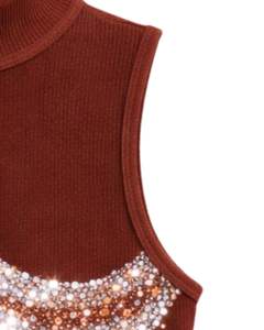 Débardeur côtelé personnalisé pour femme, marron rouille, col montant, avec motif vague en strass, sans manches, été, fabrication sur mesure - Product Image 5