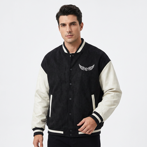 Blouson universitaire imperméable noir pour homme, broderie aile, coupe droite, style décontracté, col rabattable, fermeture éclair - Product Image 6