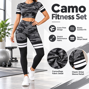 Grey Camouflage Print Half Sleeve Crop Tee <b>Scrunch</b> Shorts Thigh High Stripe <b>Leggings</b> Ladies Streetwear Athleisure Gym Outfit Set - Product Image 6