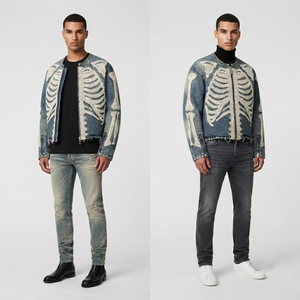 Custom Streetwear Vintage <b>Wash</b> Denim Jacket Full Bone Print Graphic Zip Up Casual Outerwear jacket For Unisex Comfort Wear - Product Image 4