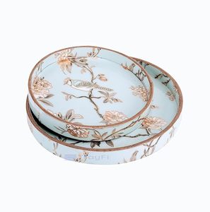 Plateau décoratif rond moderne de luxe en bois d'ingénierie à motif floral avec poignée, multifonctionnel, pour service de mariage et repas festifs à la maison - Product Image 1