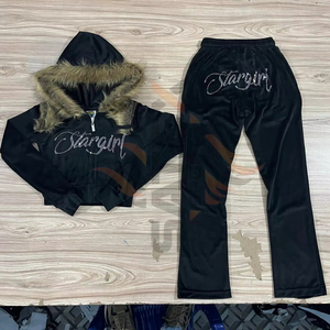 Winter Diamond <b>Rhinestones</b> Letter Y2K Women's Casual 2-Piece Breathable Plus Size Velvet Hooded Tracksuit Set Crop <b>Jacket</b> - Product Image 1