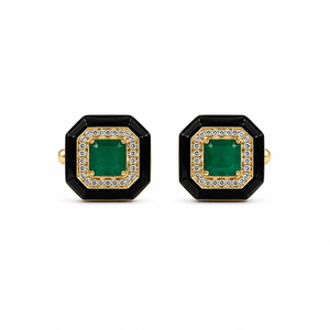 Gold Plated Emerald Cut Green Stone Cufflinks <b>Black</b> Enamel Halo Cufflinks for <b>Men</b> - Product Image 2