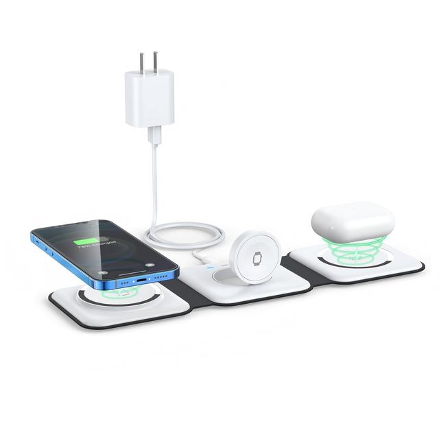Wireless Charger 3 in 1, Magnetic Travel Wireless Charging Station Multiple Devices,GaN 3 in 1 Charging Station,Adapter Includes
